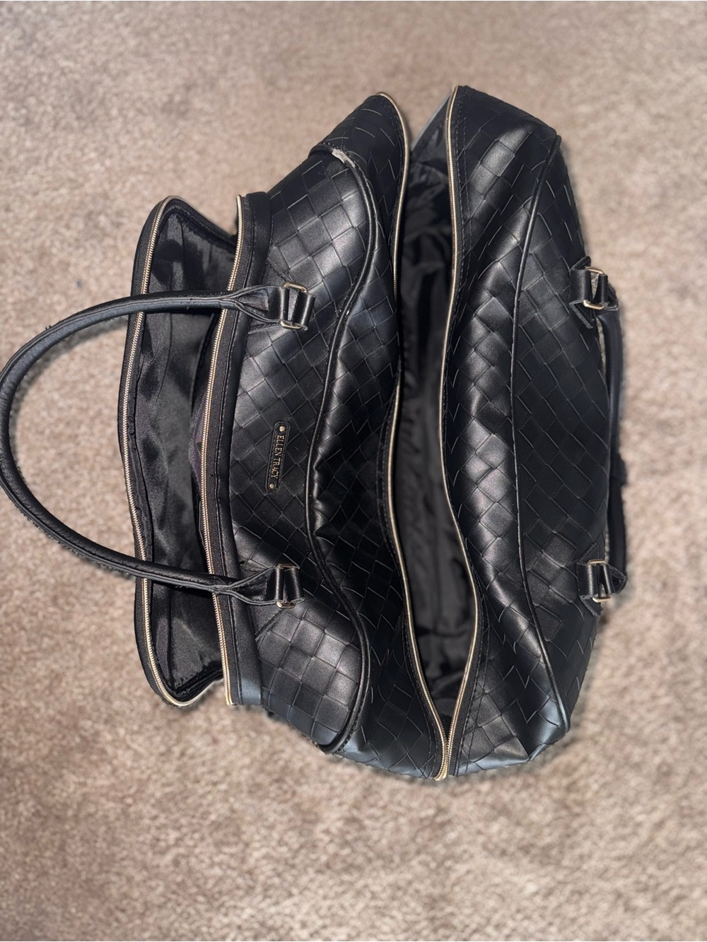 Ellen Tracy Black Quilted Rolling Tote with Gold Trim
